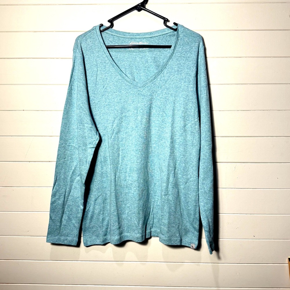 Eddie Bauer NWOT Outdoor Women 2XL Long Sleeve V-Neck T-Shirt Blue Heathered